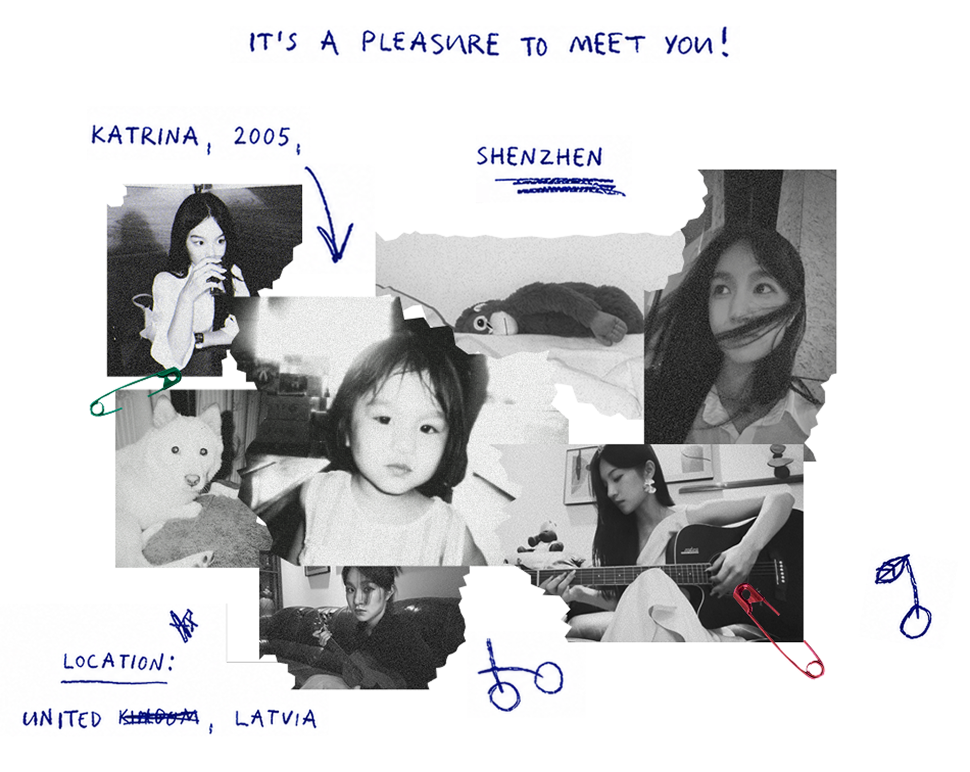 A hand-annotated black-and-white collage introducing Katrina